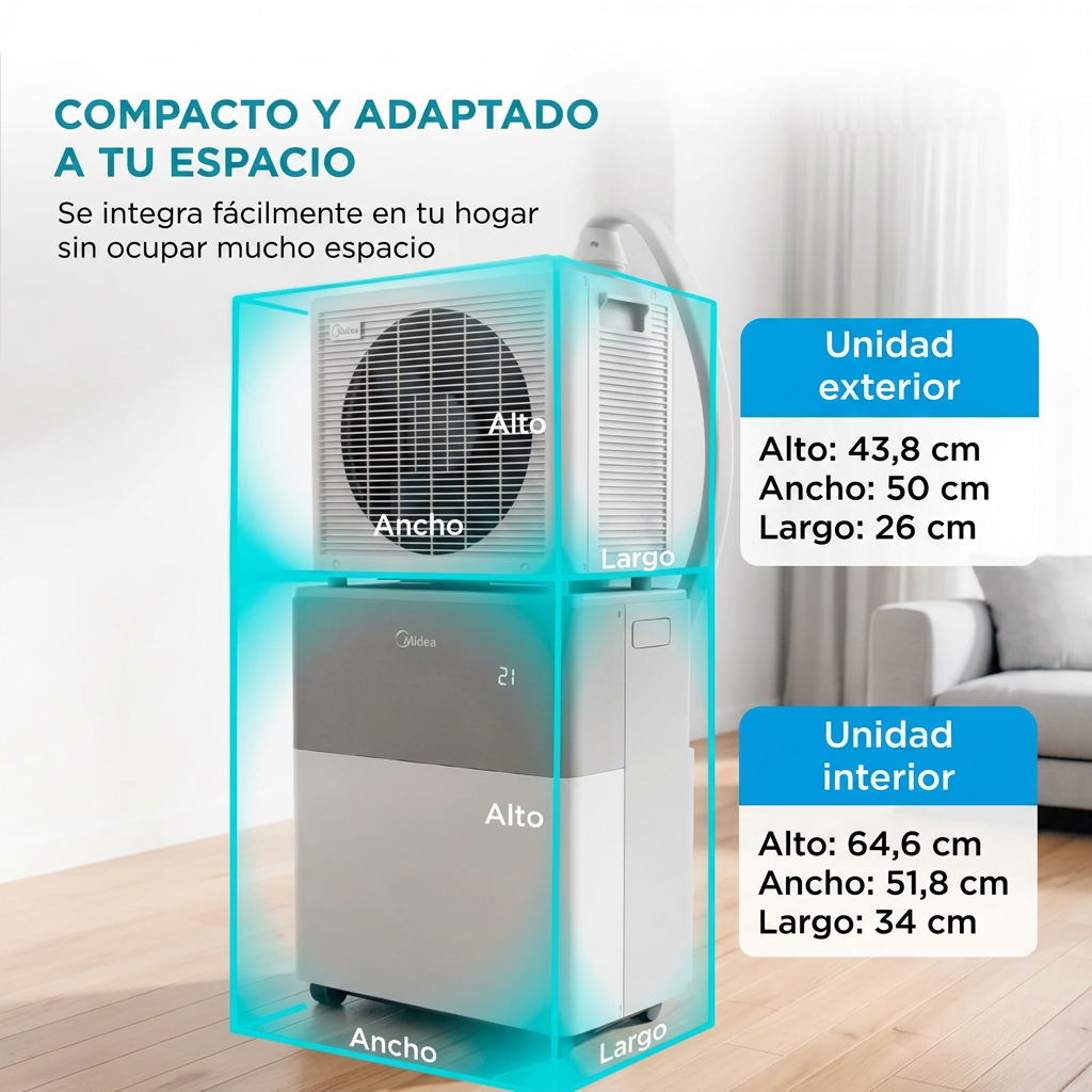 Esquema con las dimensiones de la unidad interior y exterior del Midea PortaSplit