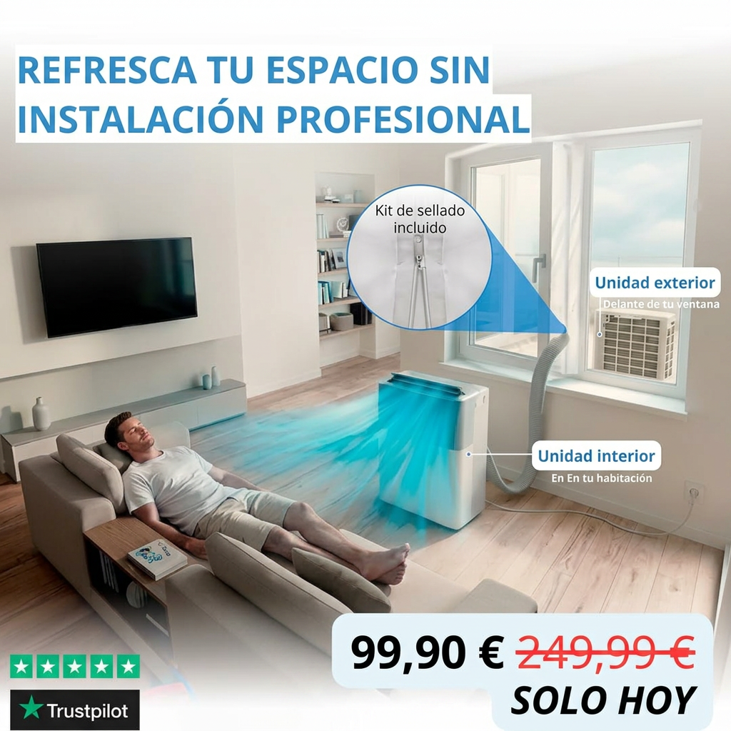 Unidad interior y unidad exterior del Midea PortaSplit conectadas por la ventana
