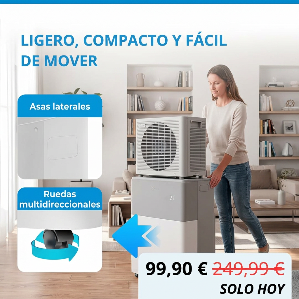 Detalle de las asas laterales y las ruedas multidireccionales del Midea PortaSplit