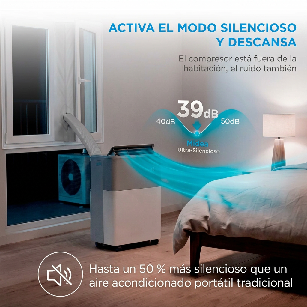 Midea PortaSplit en un dormitorio en modo noche a 39 dB